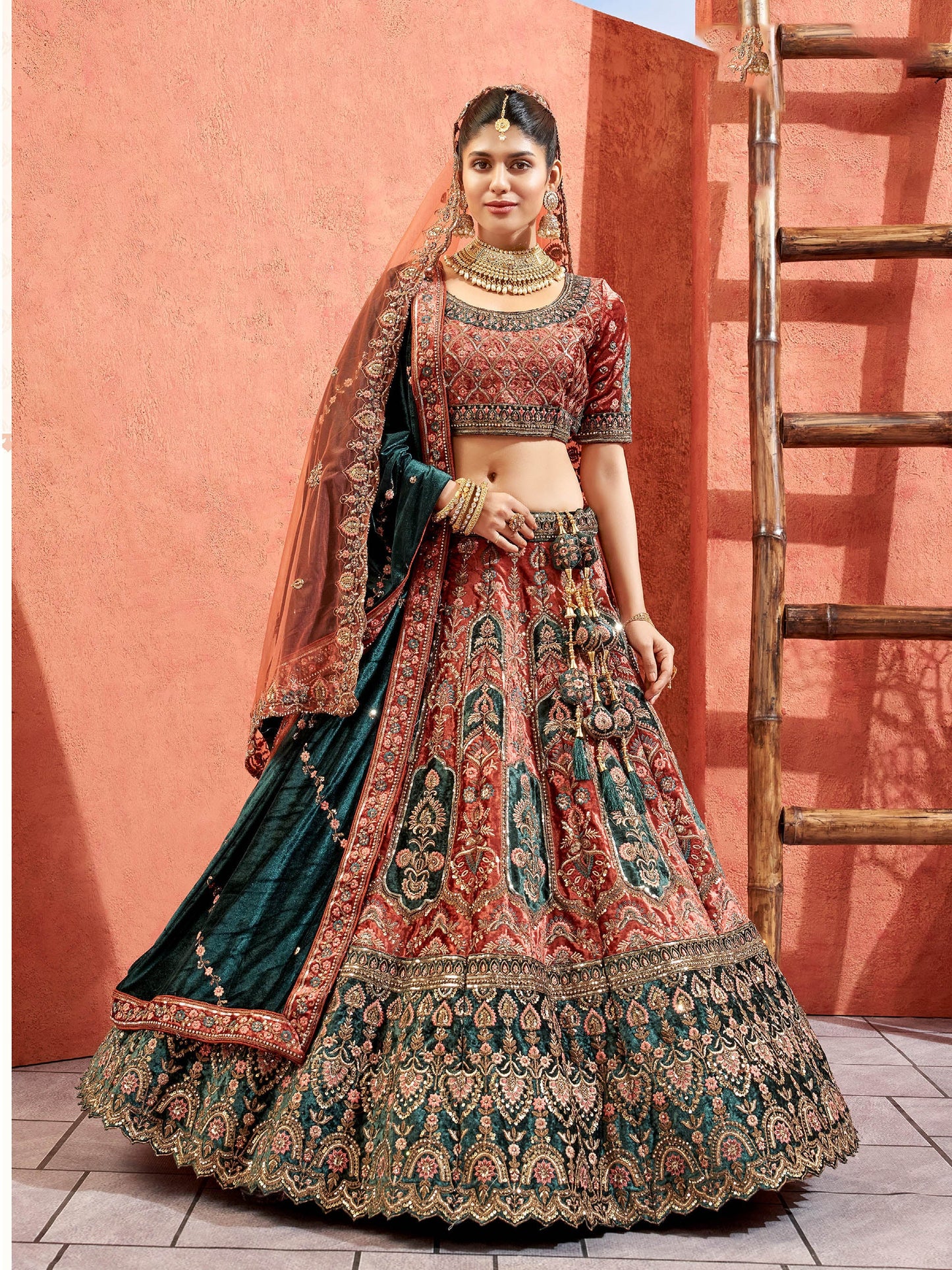 Rust Velvet Zarkan Hand Embroidered Heavy Bridal Lehenga with Double Dupatta