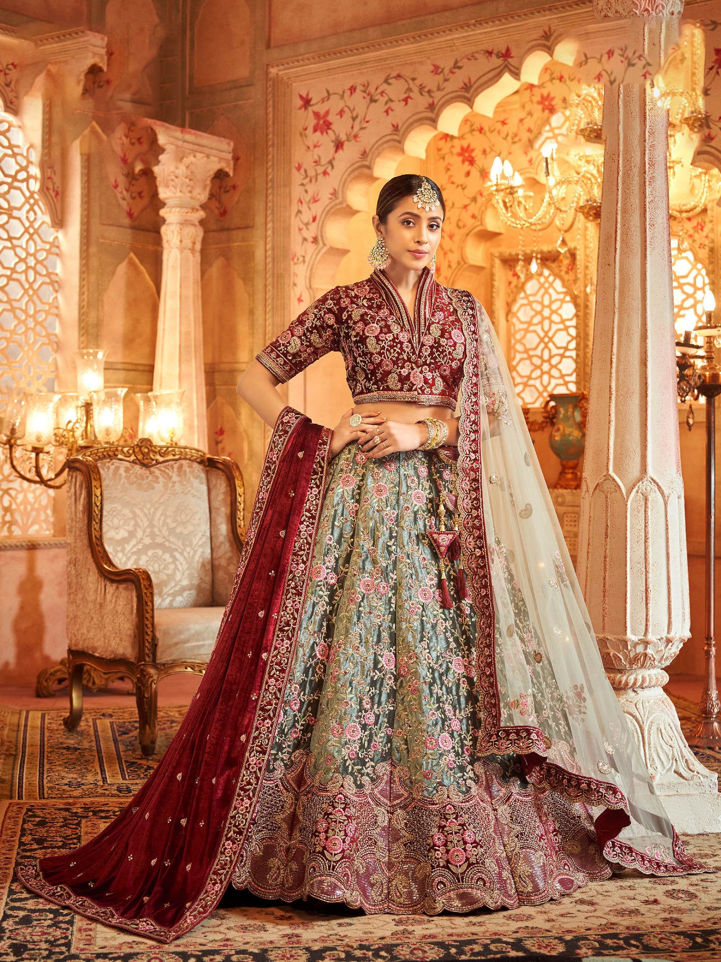 Pista Velvet Zarkan Hand Embroidered Heavy Bridal Lehenga with Velvet and Bet Dupatta