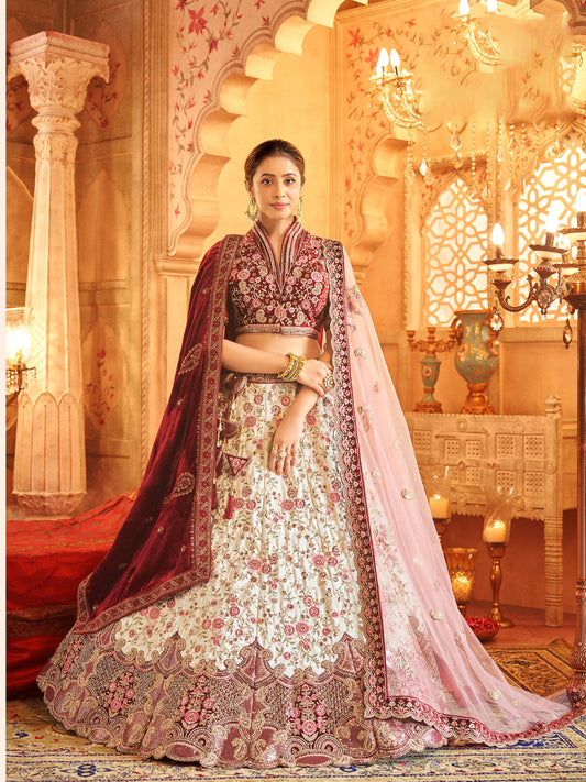 White Velvet Zarkan Hand Embroidered Heavy Bridal Lehenga with Velvet and Bet Dupatta