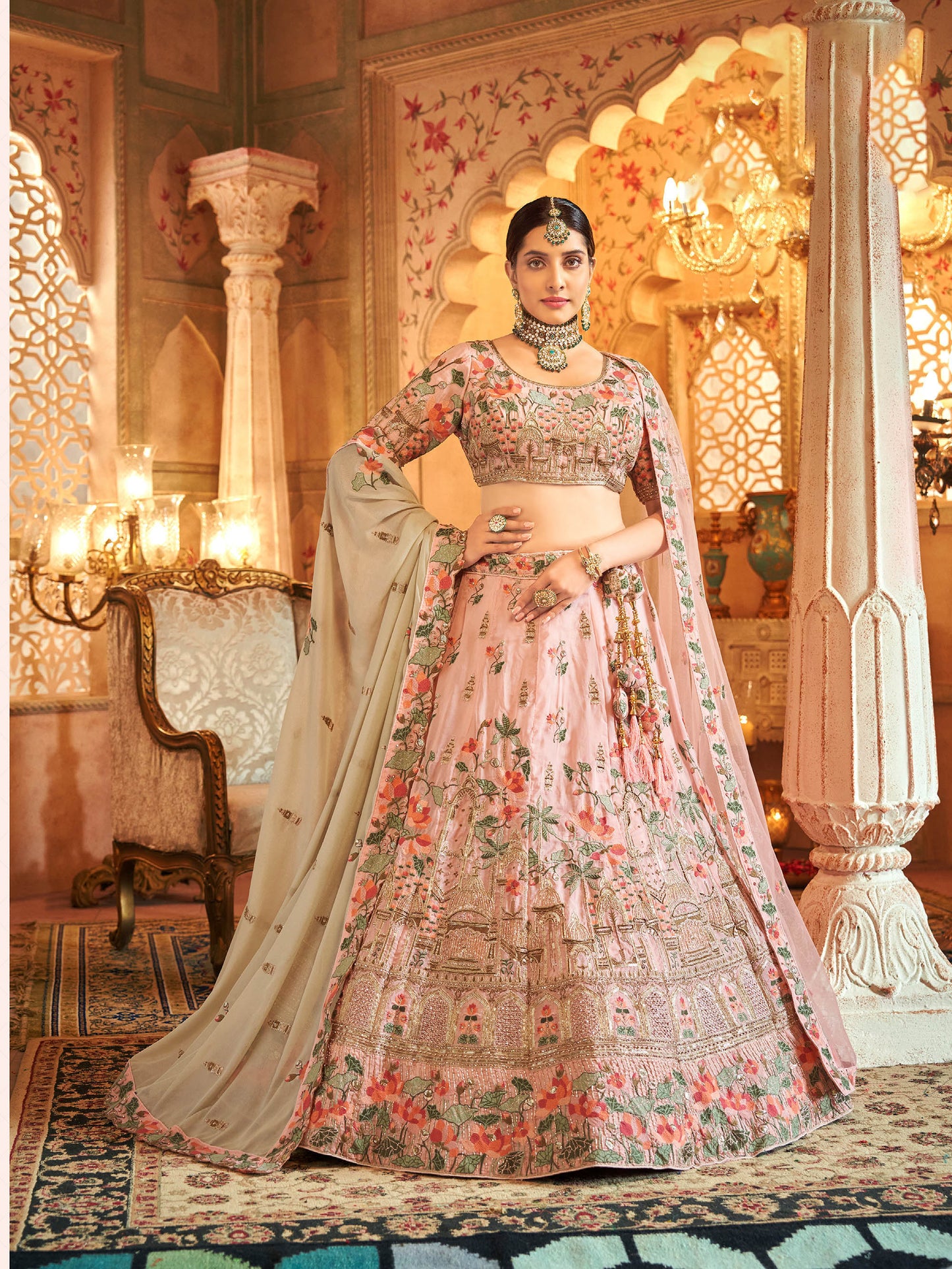 Pink Silk Hand Embroidered Heavy Bridal Lehenga with Net Dupatta