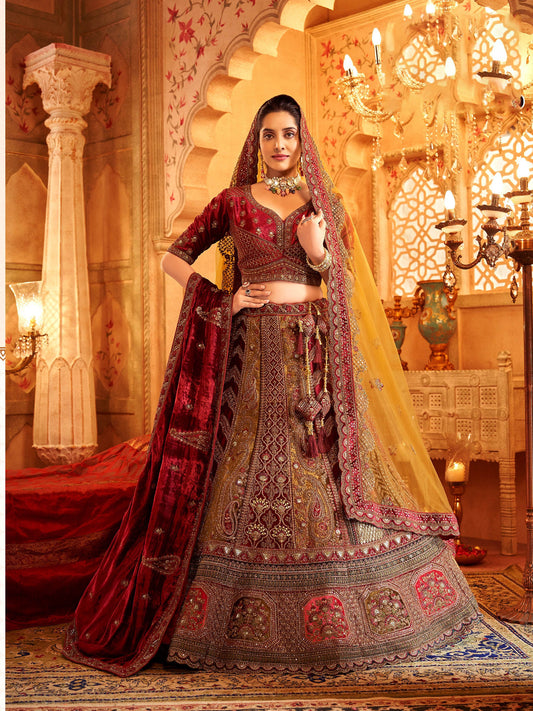 Mustard Velvet Zarkan Hand Embroidered Heavy Bridal Lehenga with Velvet and Net Dupatta