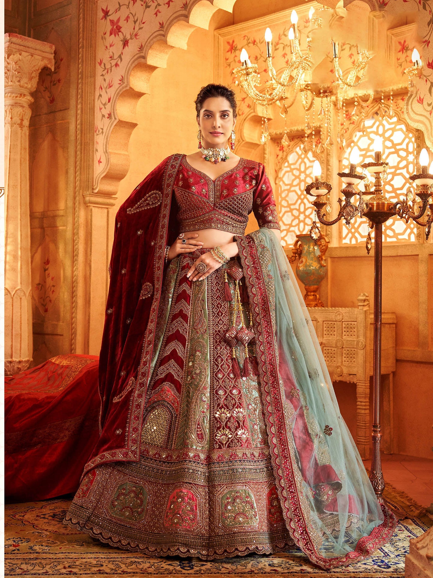 Maroon and Pista Velvet Zarkan Hand Embroidered Heavy Bridal Lehenga with Velvet and Net Dupatta