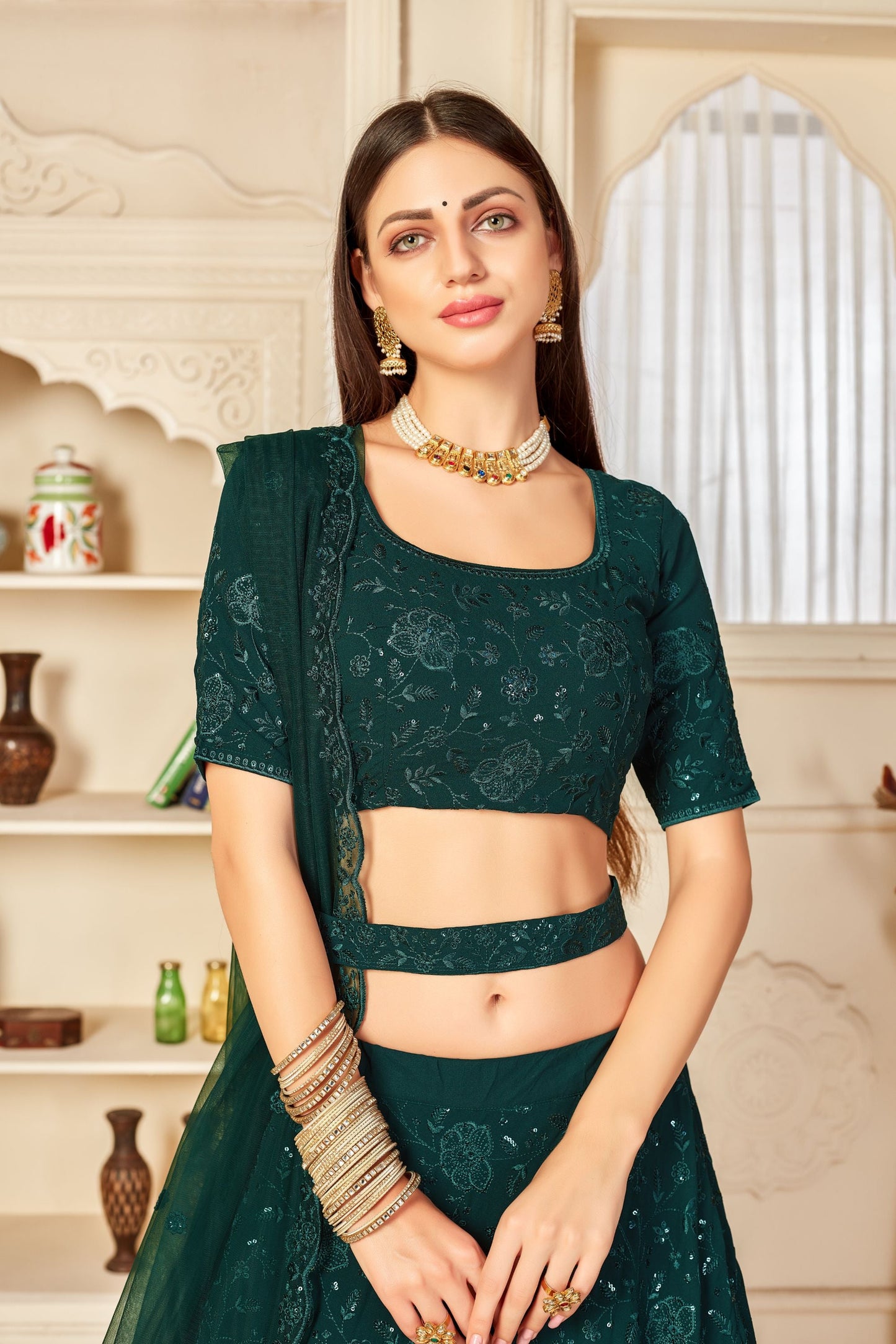 Green Georgette Lehenga Set