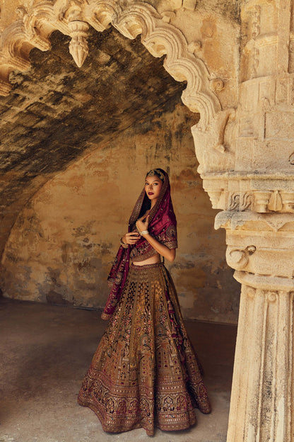 Shiva Machine Embroidered Silk, Net & Velvet Maroon Bridal Lehenga