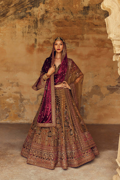 Shiva Machine Embroidered Silk, Net & Velvet Maroon Bridal Lehenga