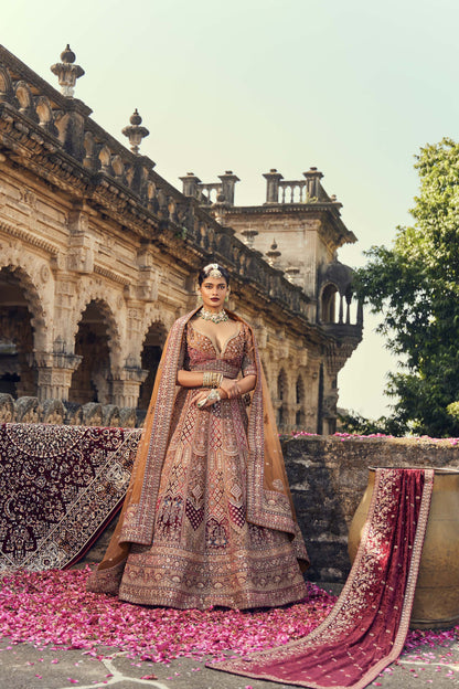 Shiva Machine Embroidered Silk, Net & Velvet Orange, Maroon Bridal Lehenga