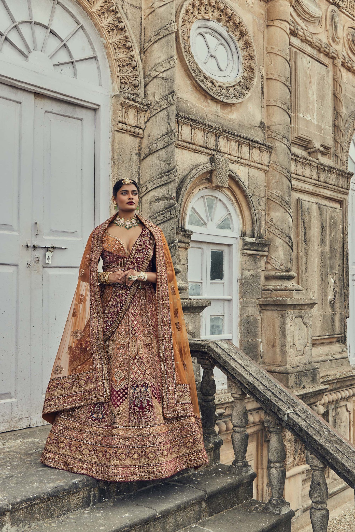 Shiva Machine Embroidered Silk, Net & Velvet Orange, Maroon Bridal Lehenga