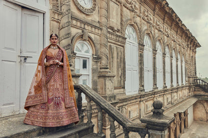 Shiva Machine Embroidered Silk, Net & Velvet Orange, Maroon Bridal Lehenga