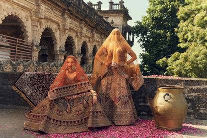 Shiva Machine Embroidered Silk, Net & Velvet Orange, Maroon Bridal Lehenga