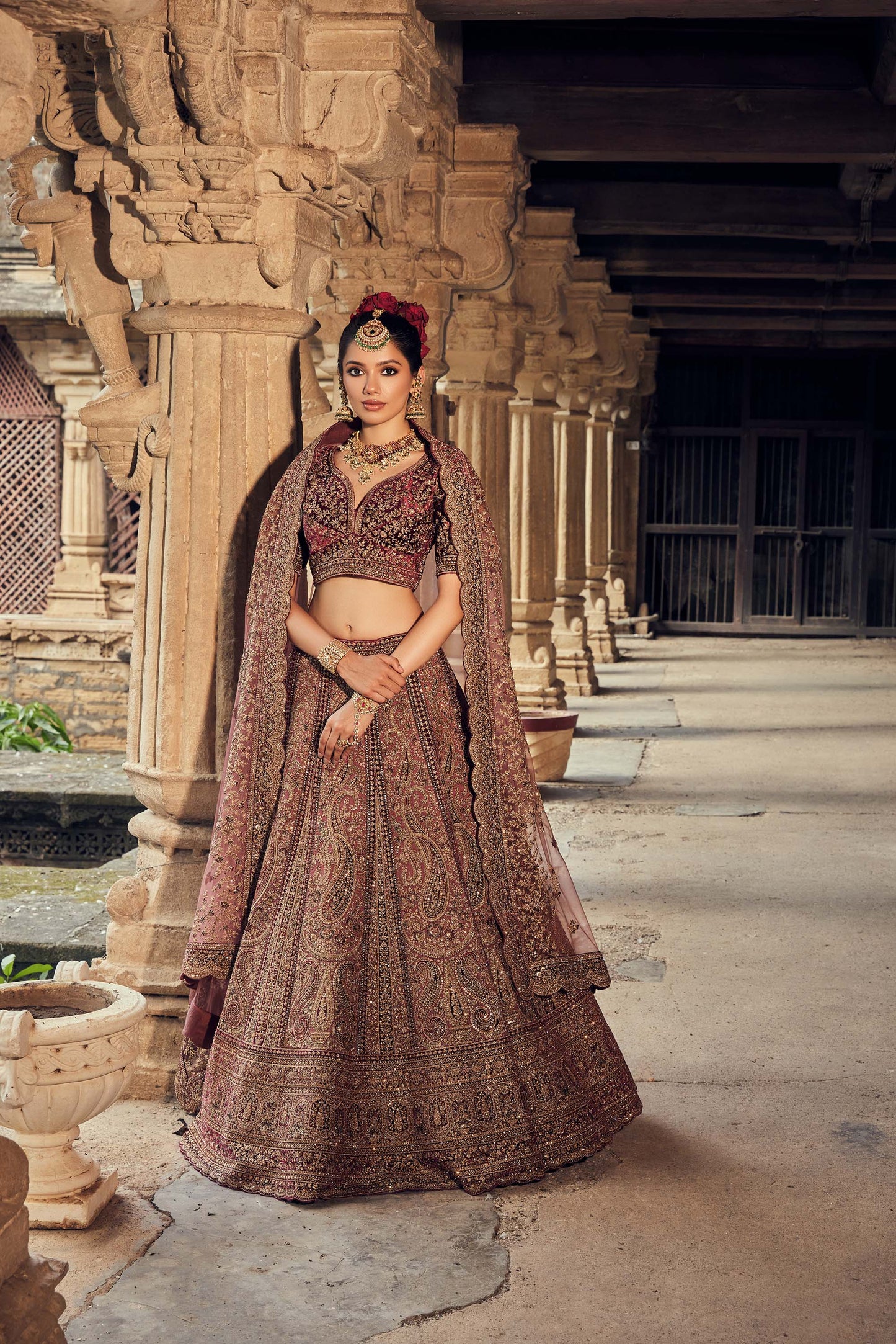 Shiva Machine Embroidered Silk, Net & Velvet Maroon Bridal Lehenga