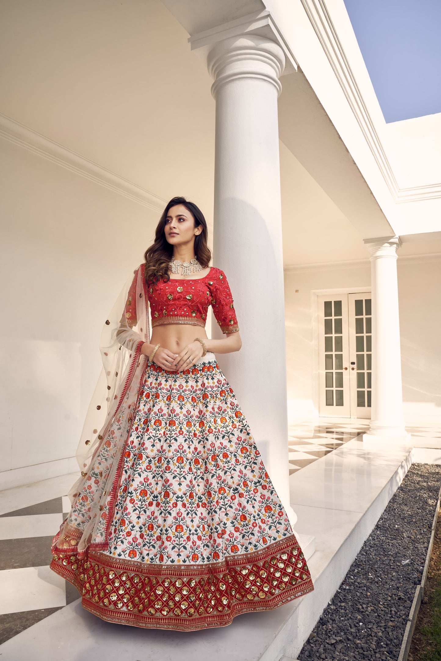White Embroidered Sequined Lehenga Set For Rent