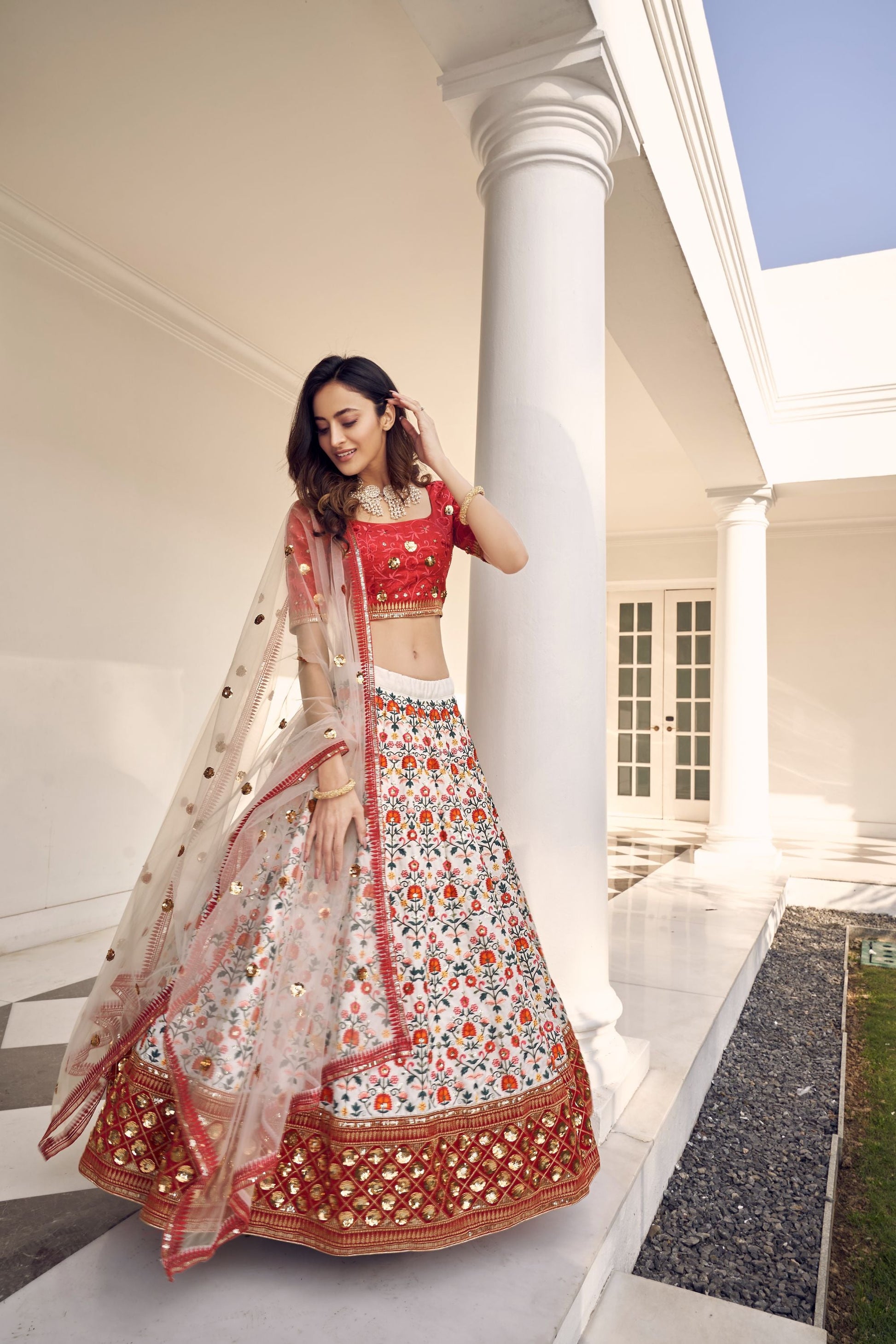 White Embroidered Sequined Wedding Guest Lehenga 1914