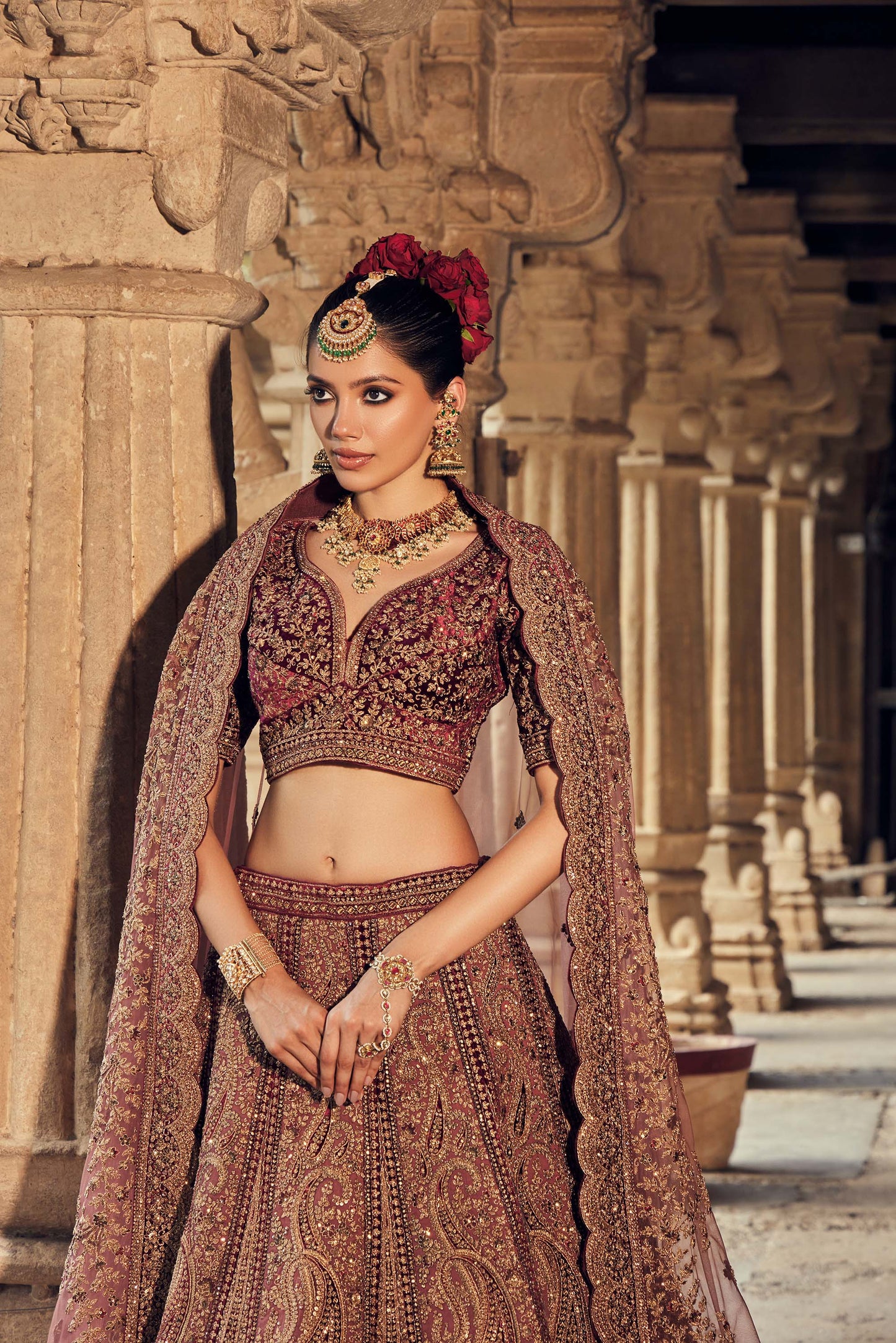 Shiva Machine Embroidered Silk, Net & Velvet Maroon Bridal Lehenga