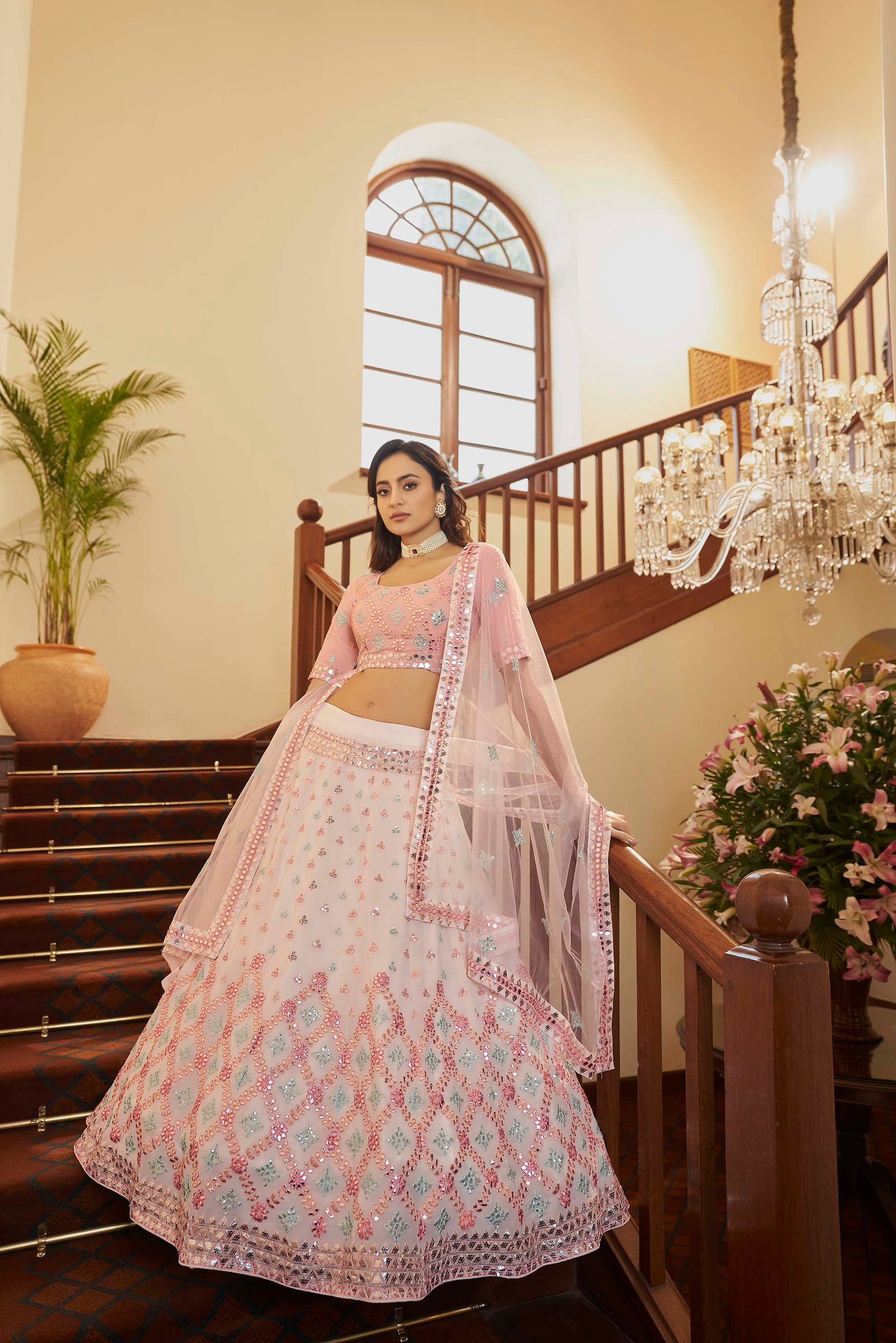 Dazzling Pink Embroidered Georgette Lehenga Choli for Wedding Guest 1941