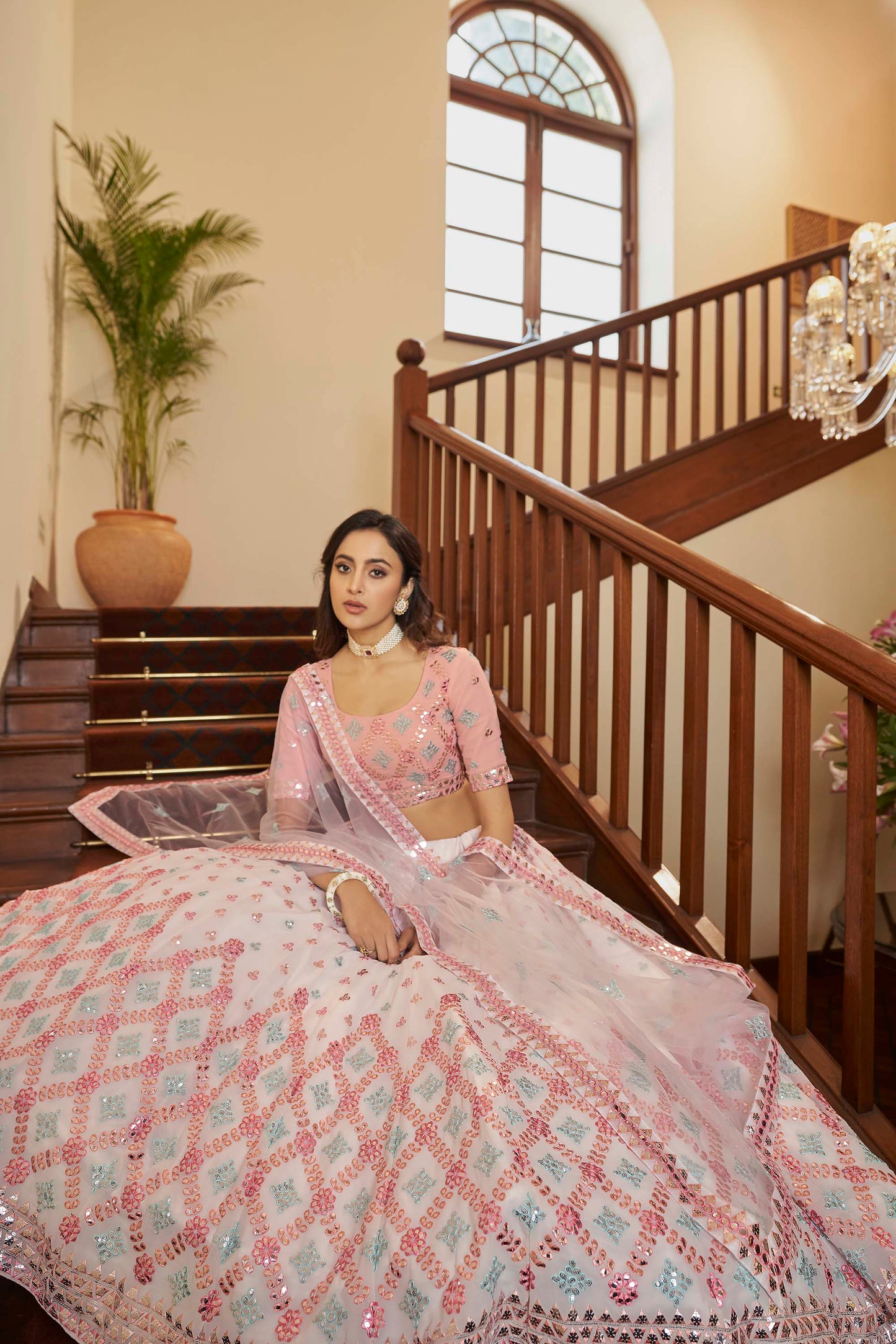 Dazzling Pink Embroidered Georgette Lehenga Choli for Wedding Guest 1941