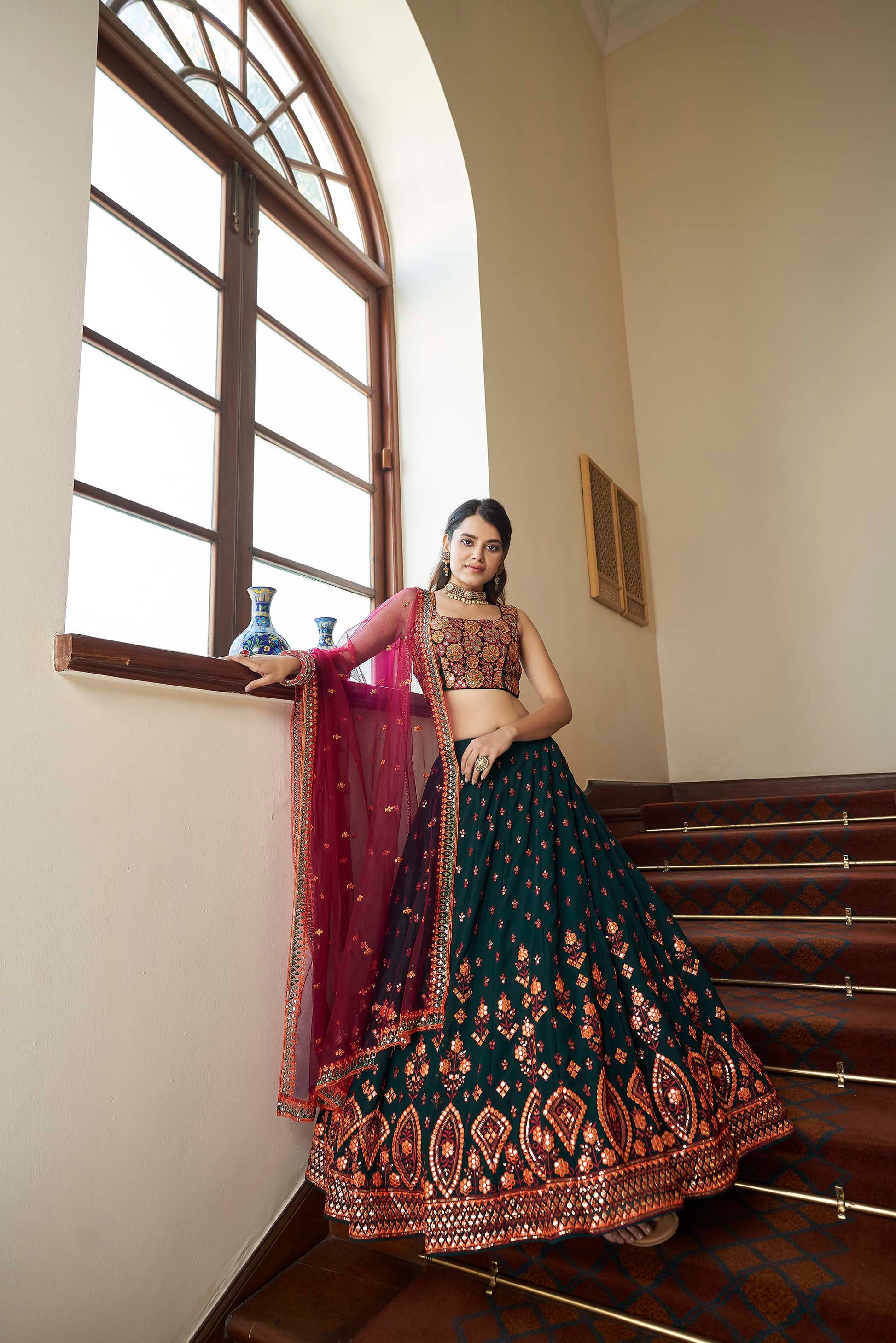 Green and Pink Georgette Lehenga for Mehendi 1944