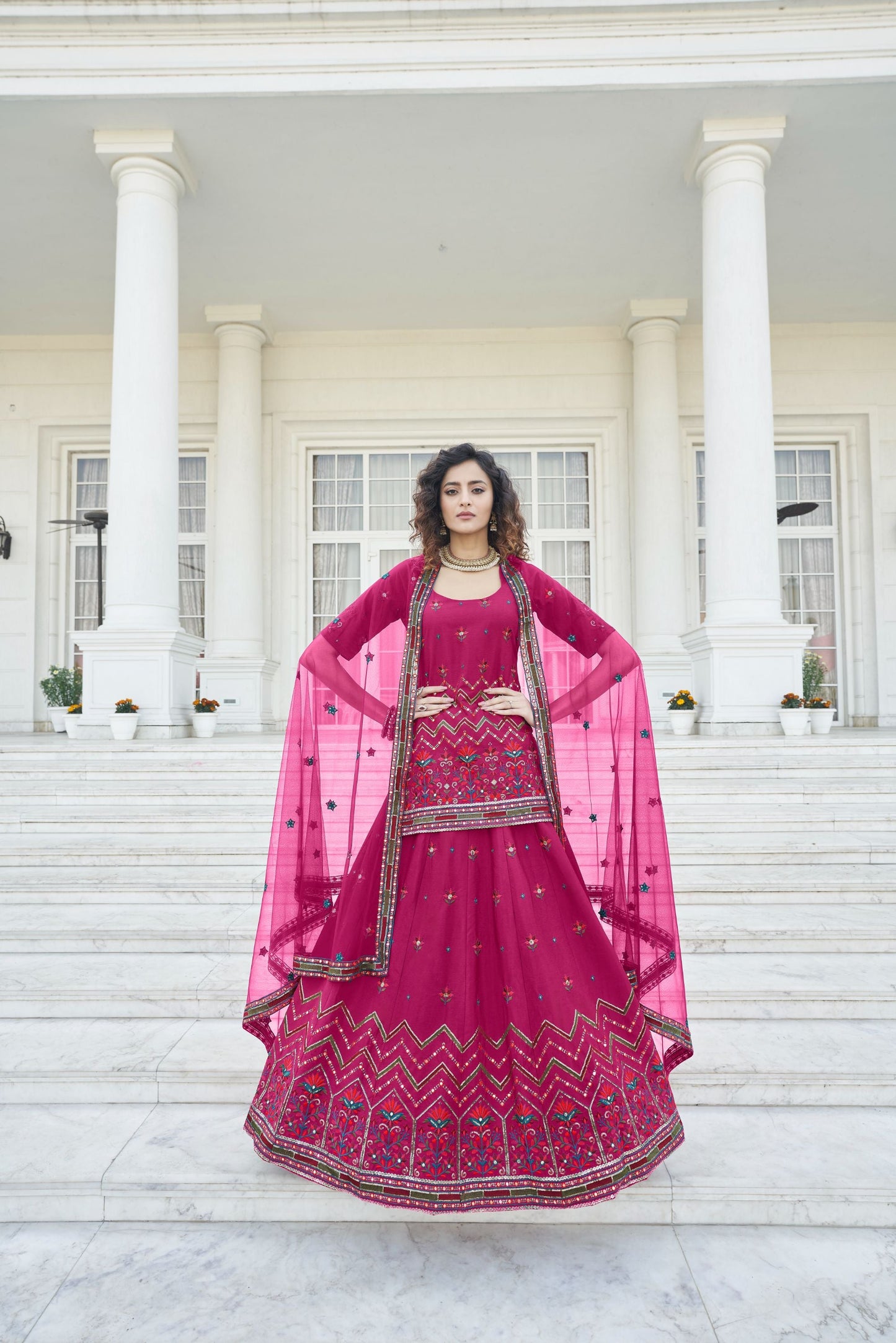 Dark Pink Chiffon Gota Work Wedding Guest Lehenga 1951