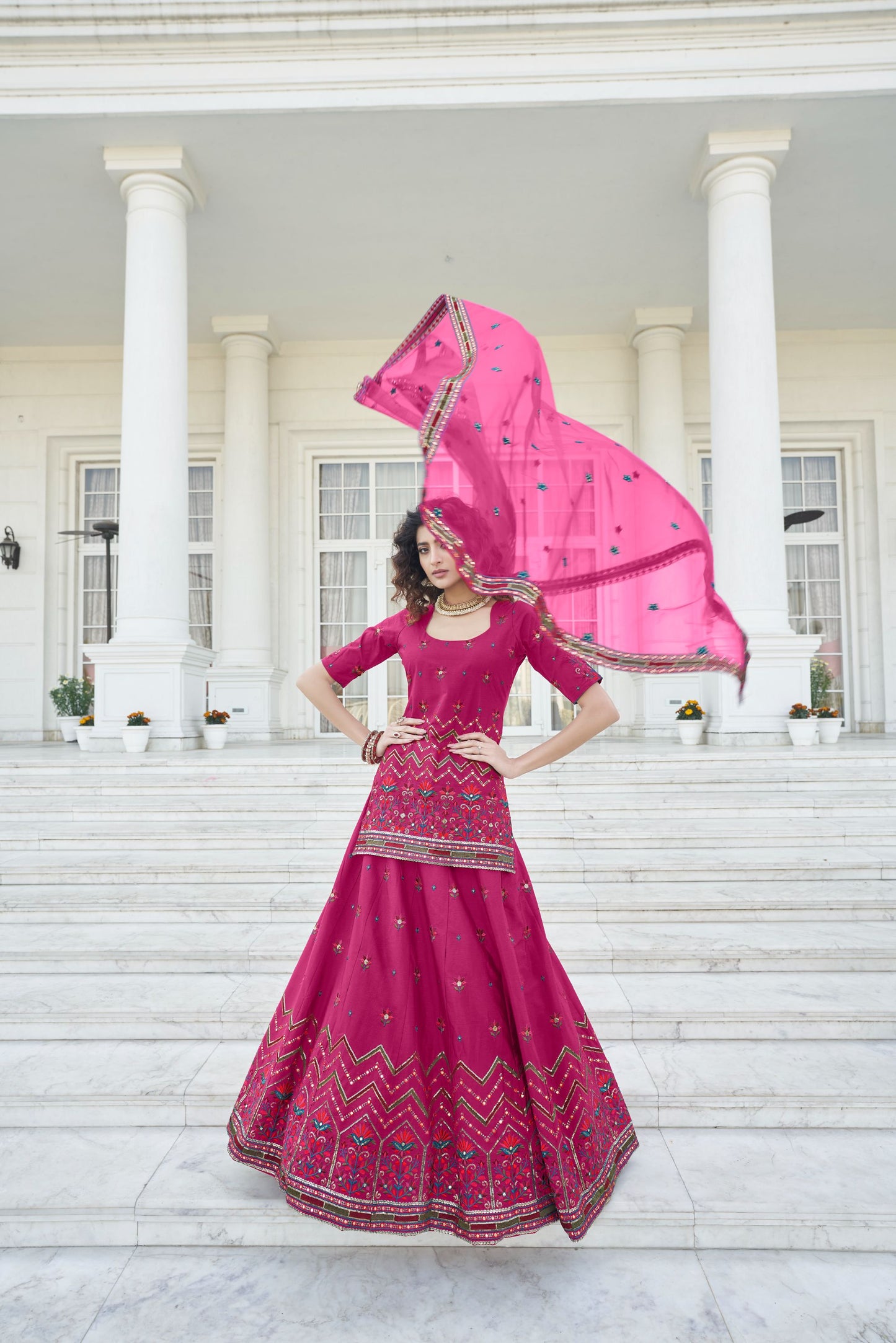 Dark Pink Chiffon Gota Work Wedding Guest Lehenga 1951