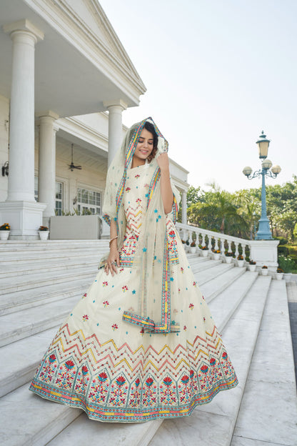 White Color Sequins Chiffon Lehenga Choli