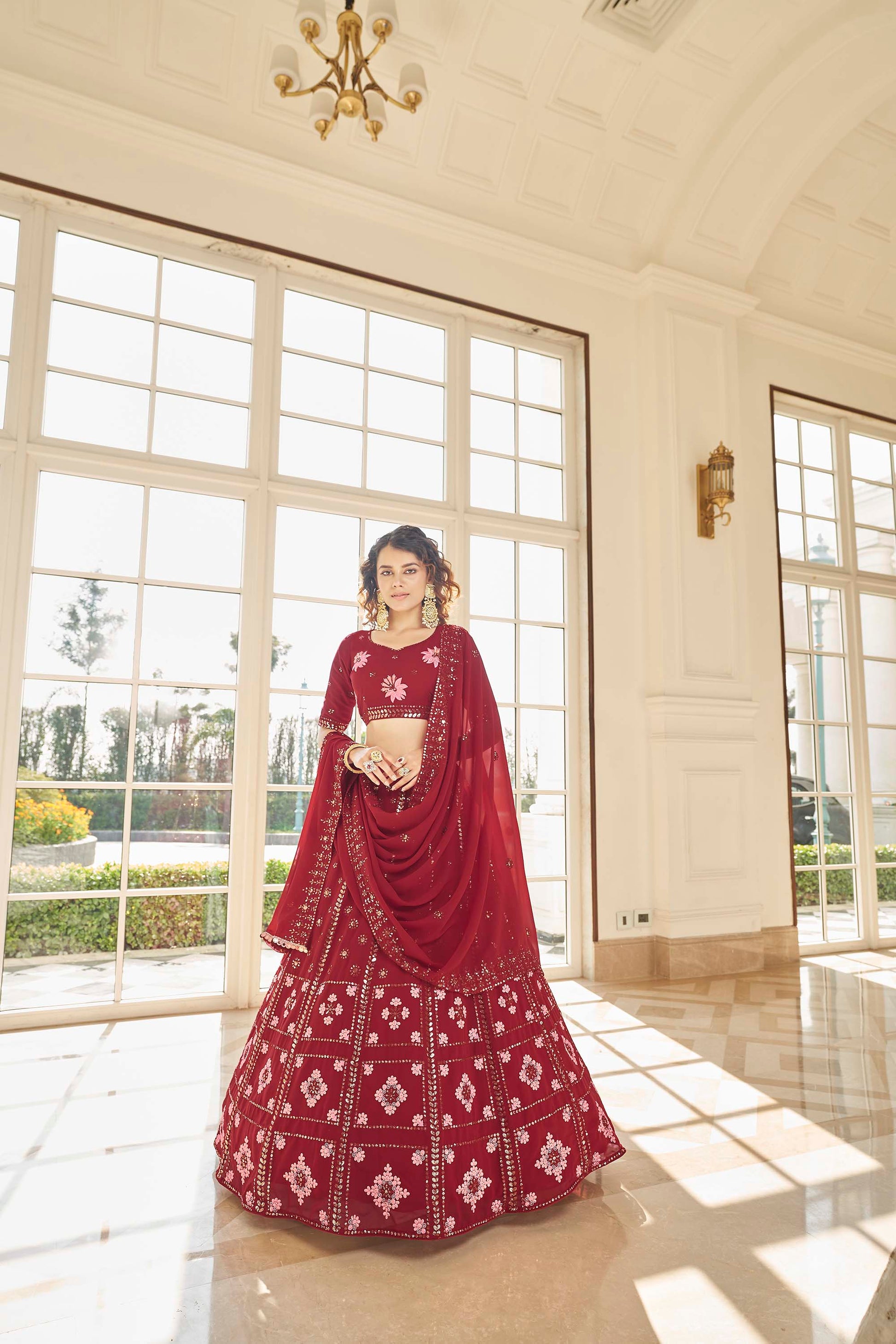 Red Color Embroidered Lehenga for Wedding Guest 1984