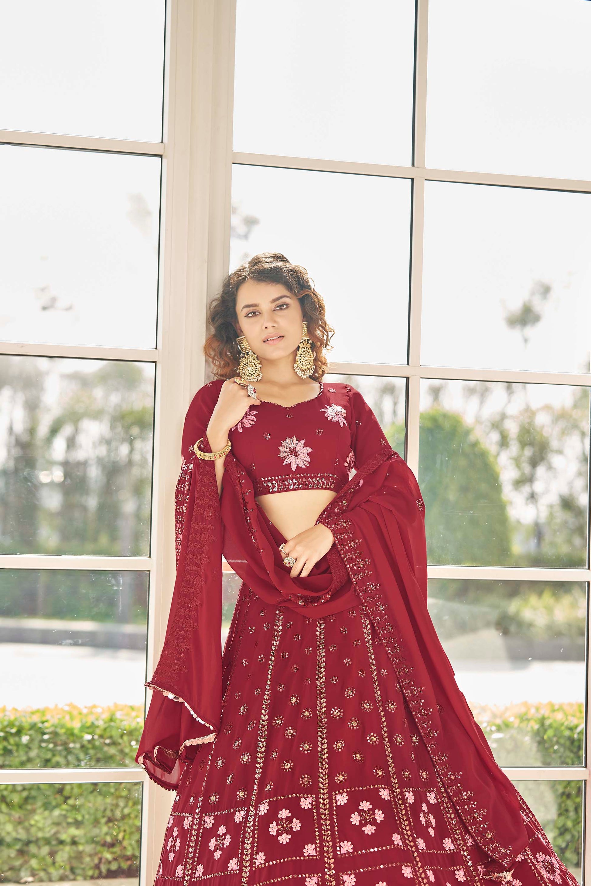 Red Color Embroidered Lehenga for Wedding Guest 1984