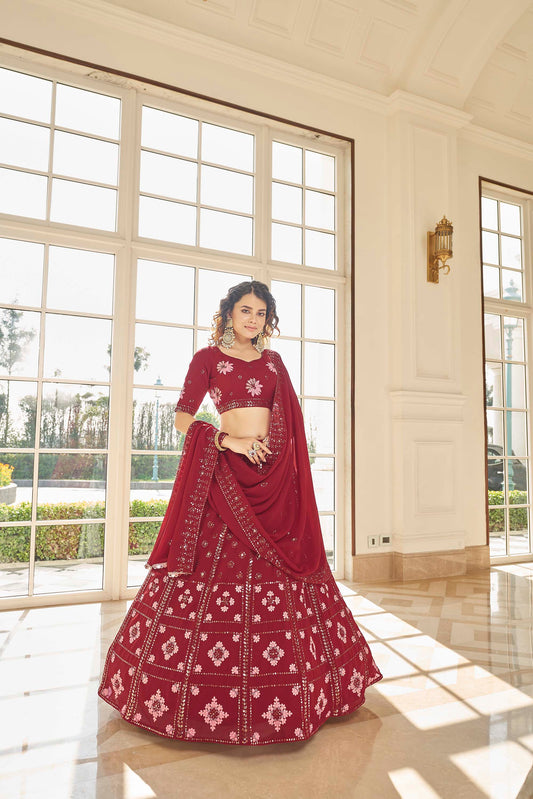 Red Color Embroidered Lehenga for Wedding Guest 1984