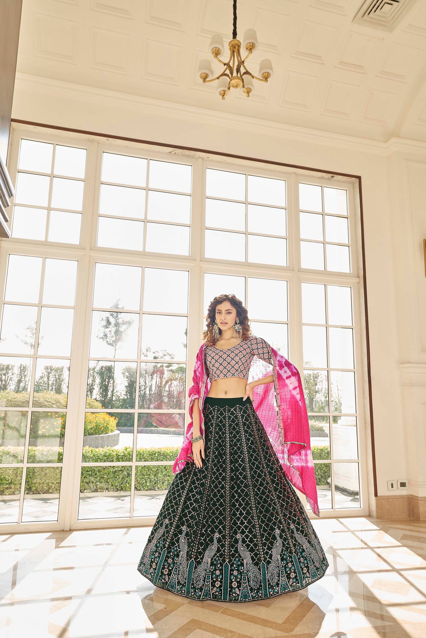 Marvelous Green and Pink Lehenga Choli for Mehendi