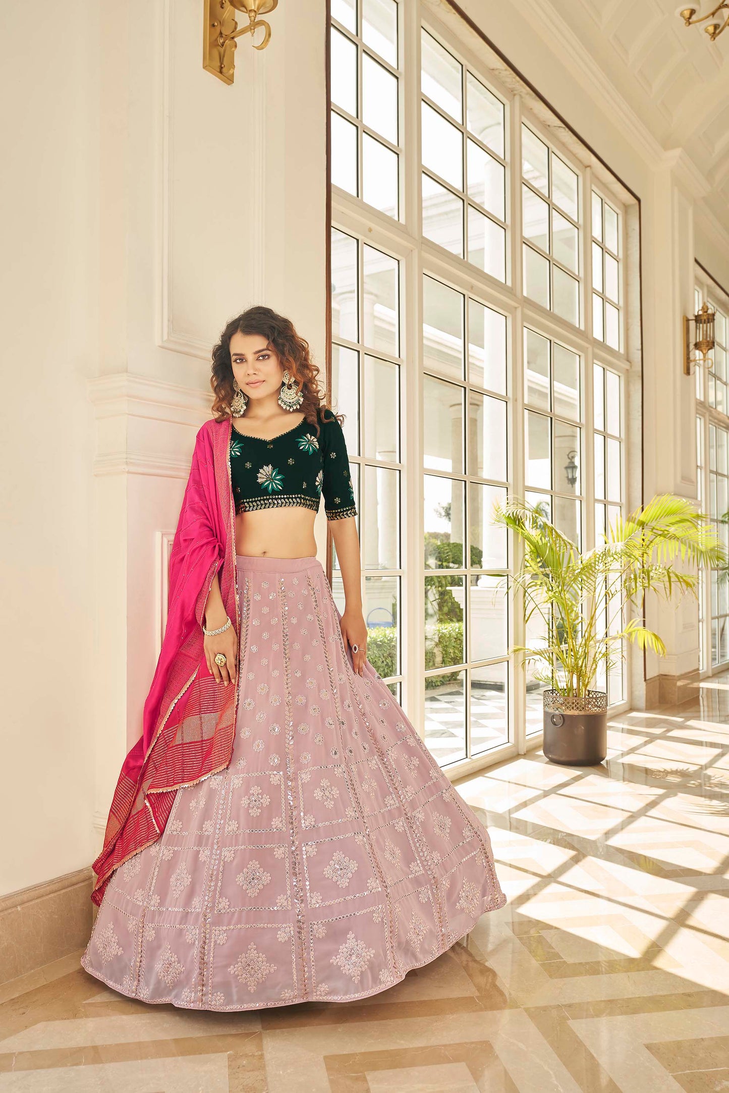 Dusty Pink and Green Lehenga Choli for Mehendi 1986