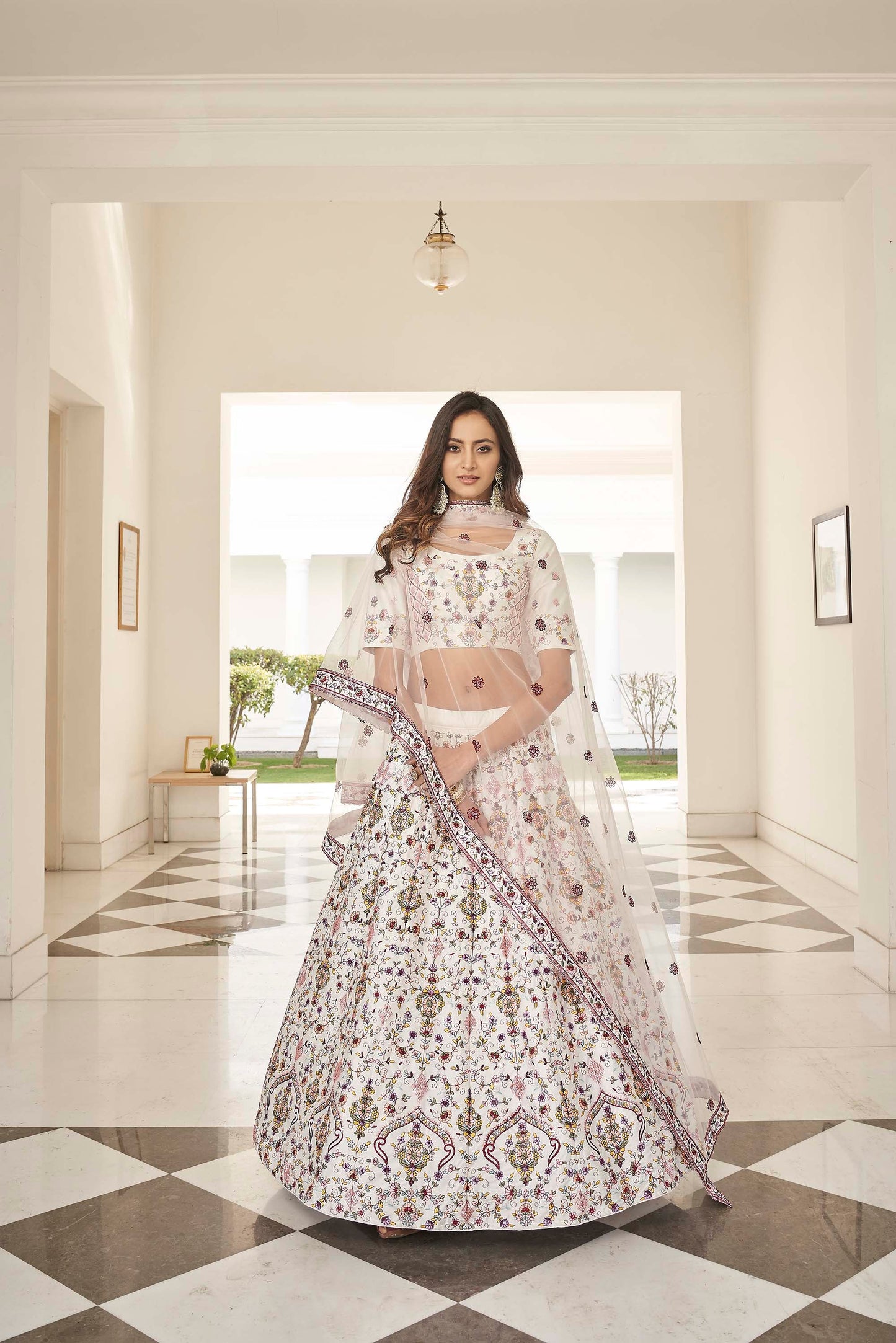 White Silk Thread Work Wedding Guest Lehenga Choli 1993