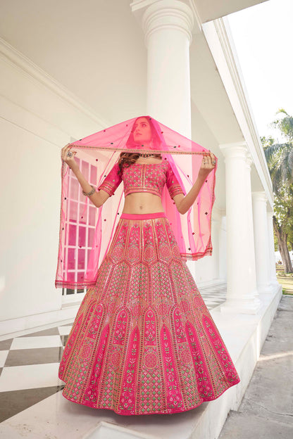 Pink Embroidered Silk Lehenga Choli for Reception 1995