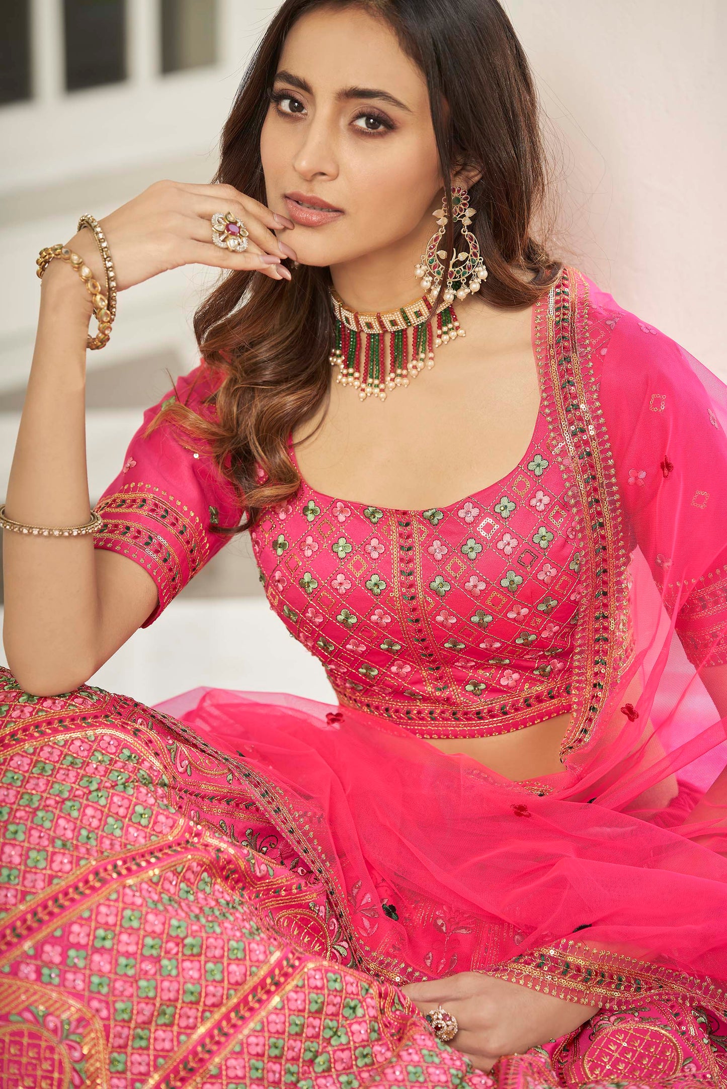 Pink Embroidered Silk Lehenga Choli for Reception 1995