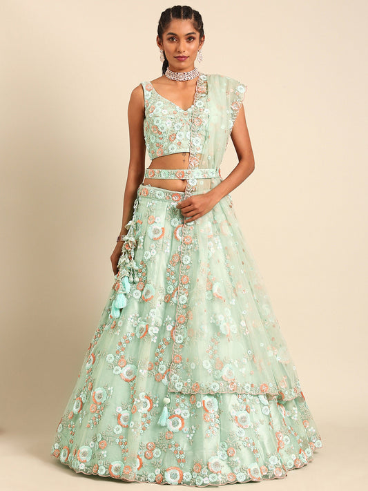 Sea Green Net Sequins and Zarkan embroidery Lehenga