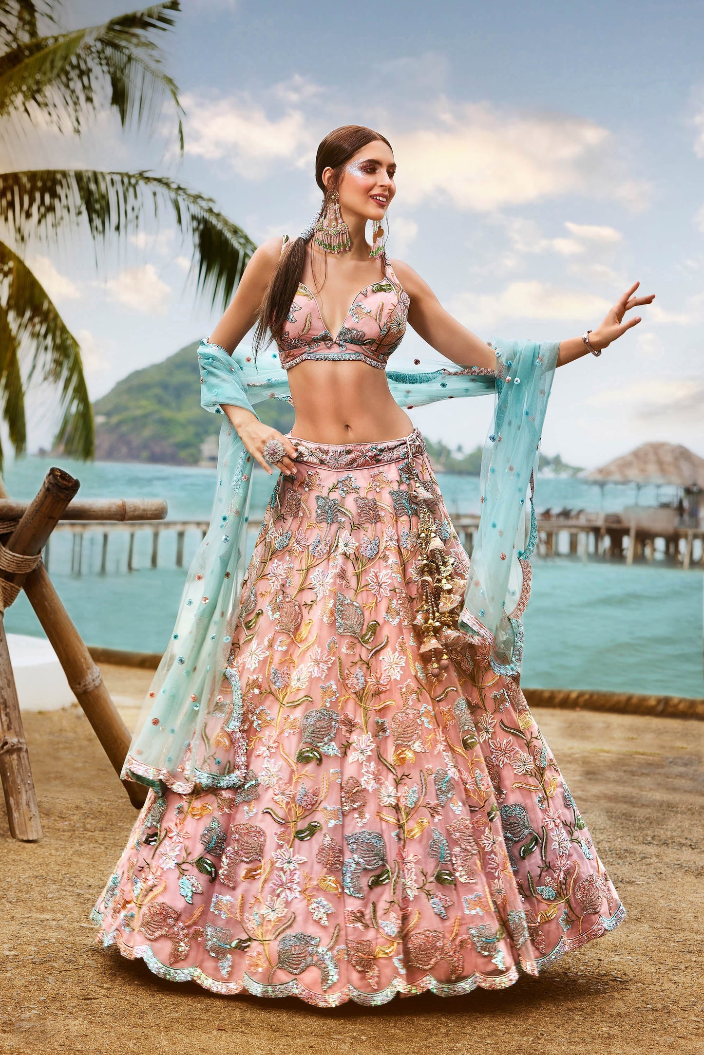 Pink Net Sequins and Zarkan embroidery Lehenga