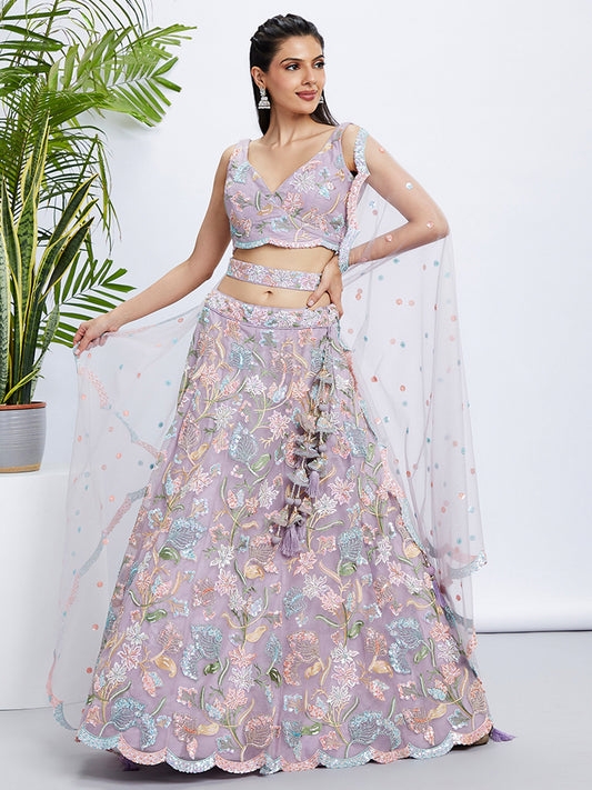 Mauve Net Sequins and thread embroidery Lehenga