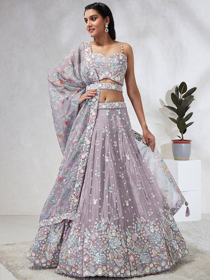 Mauve Chiffon Sequins and thread embroidery Lehenga