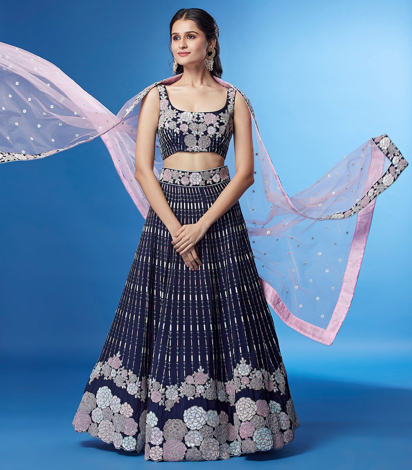 Navy Blue Color Georgette Multi-Sequins Work Lehenga