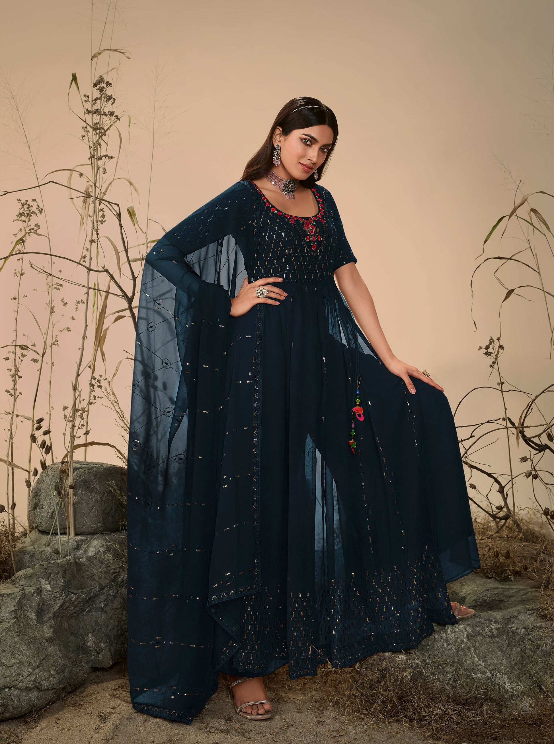 Teal Blue Georgette Sequence Work Partywear Anarkali