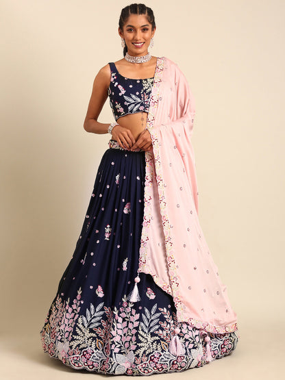 Navy blue Georgette Sequin-Thread embroidery Lehenga