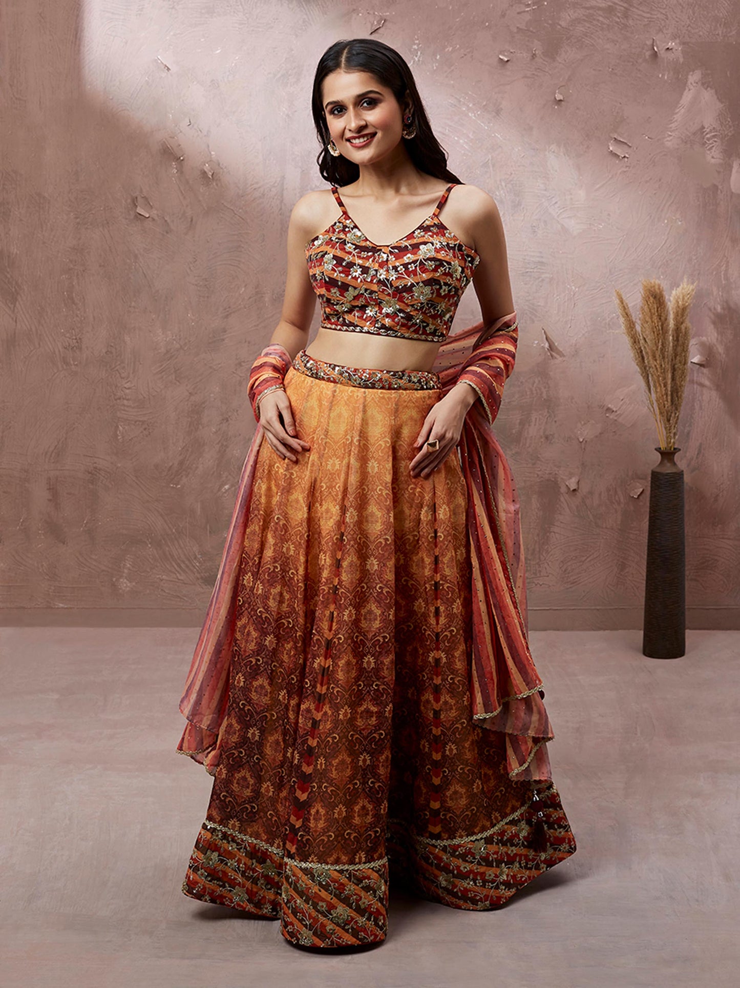 Brown Organza Floral Print and sequinse work Lehenga