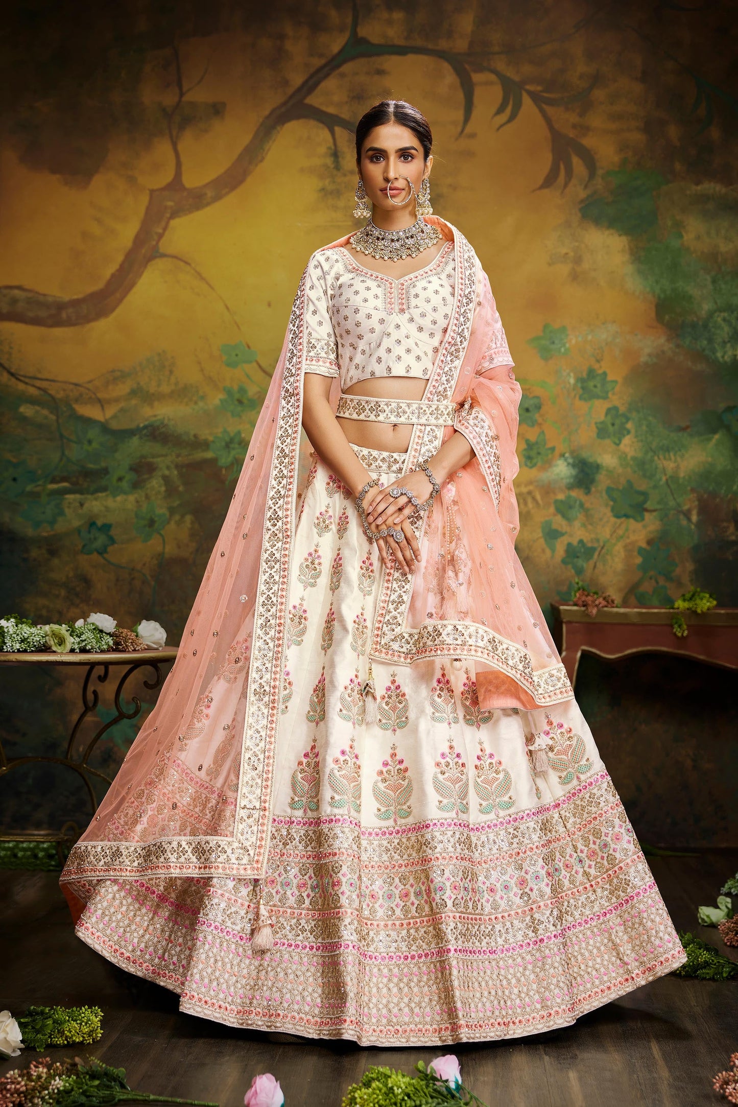 Off White Pure Silk Moti & Zarkan heavy embroidery Lehenga