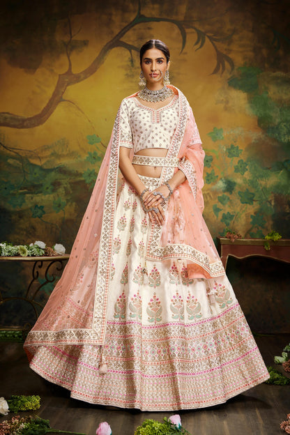 Off White Pure Silk Moti & Zarkan heavy embroidery Lehenga