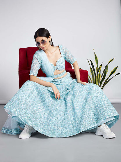 Turquoise blue Net Sequins, Zarkan and thread embroidery Lehenga