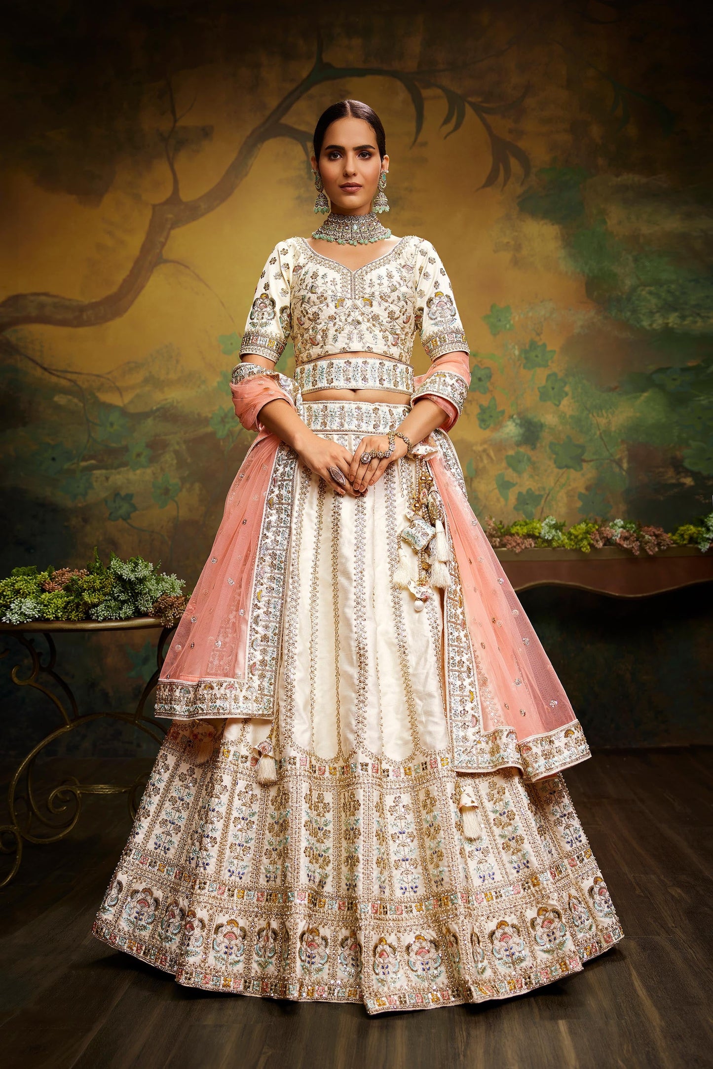 Off White Pure Silk Moti & Zarkan heavy embroidery Lehenga