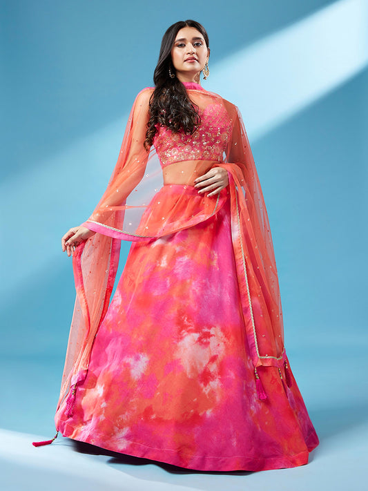 Orange Organza Shibori Printed Lehenga choli & Dupatta