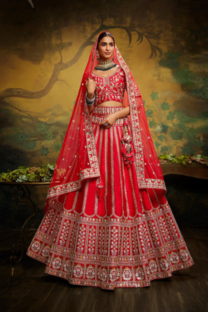 Red Pure Silk Moti & Zarkan heavy embroidery Lehenga