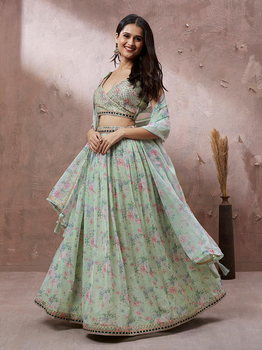 Lime Green Organza Floral Printed Lehenga choli & Dupatta