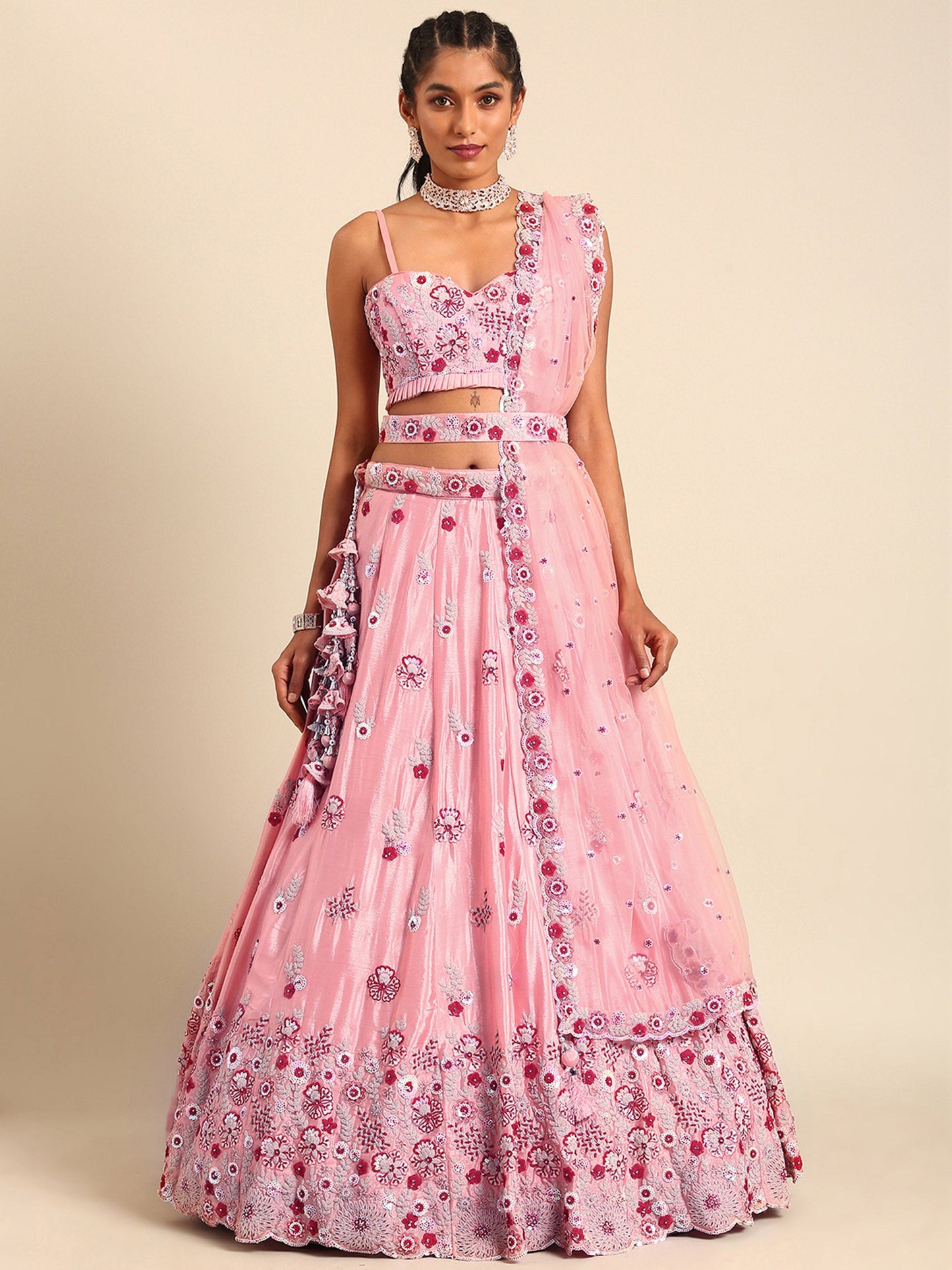 Peach Pure georgette Sequins, Zarkan and thread embroidery Lehenga