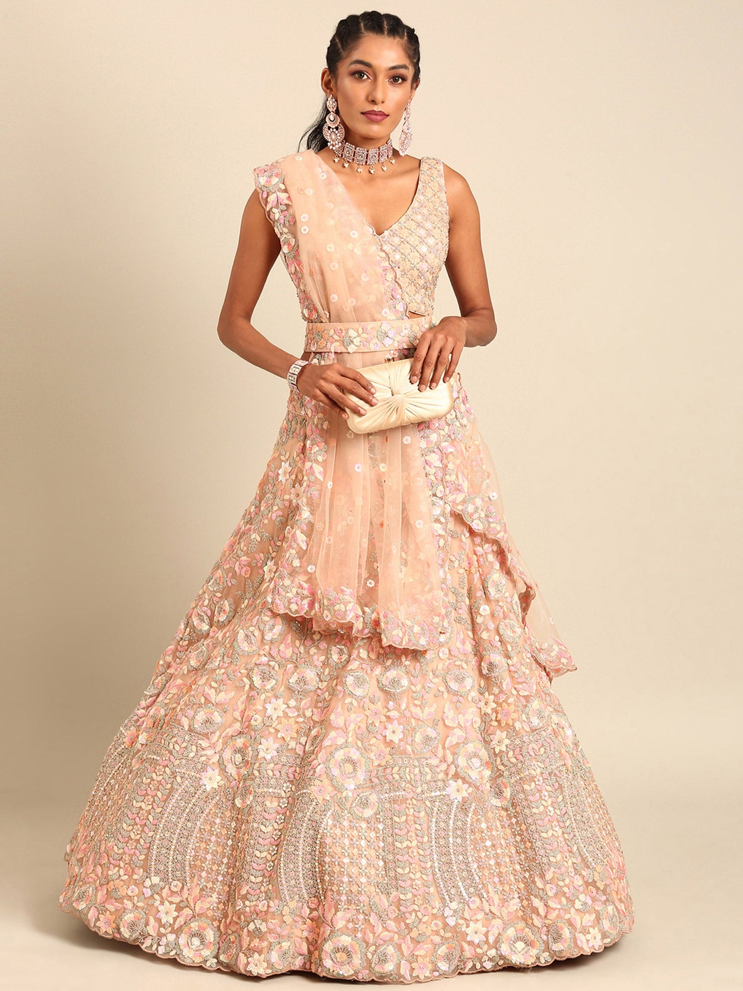 Peach Net Multi Sequins & Zarkan embroidery Lehenga choli