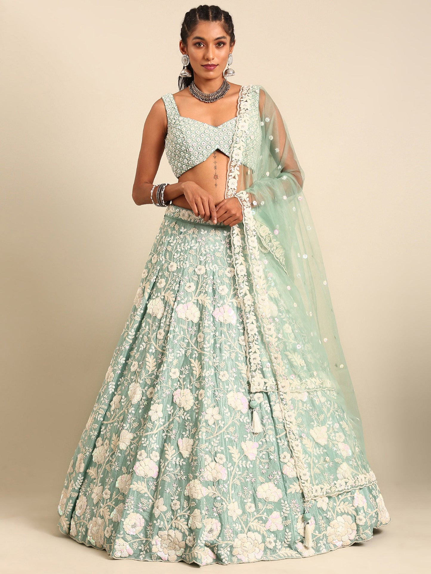 Sea Green Chinon Sequins and Zarkan embroidery Lehenga