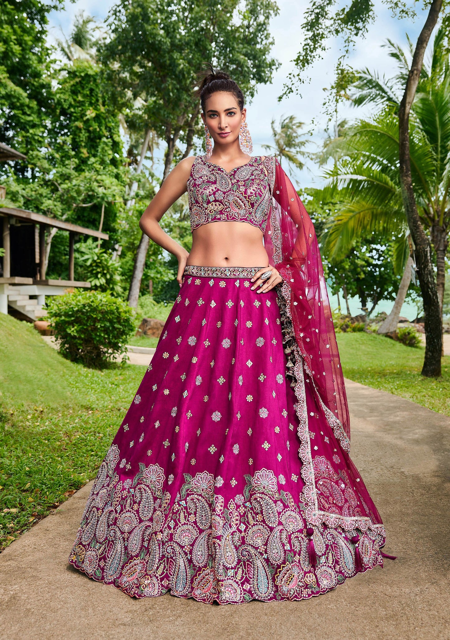 Burgundy Satin Silk Sequins and Zarkan embroidery Lehenga